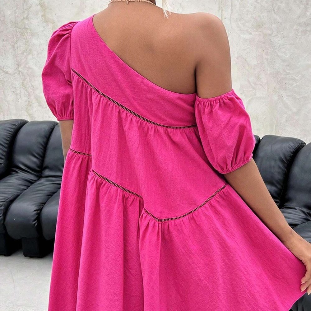 Pink Boho Womens Asymmetrical Neck Puff Sleeve Smock Dress - Picture 2 of 5